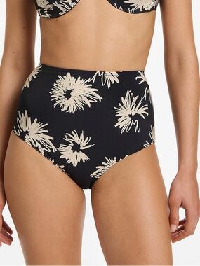 High-Waist Floral Bikini Bottoms in Black and Cream